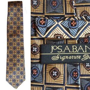 Jos A Bank "Signature Gold" Textured Silk Tie 60" Gold Blue-Gray